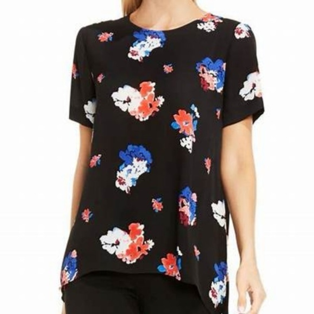 Vince Camuto Black Short-Sleeve Floral Work Top with Blue, Red & White Blooms L